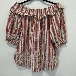 MISA Los Angeles Coral Grey & White Stripe Embroidered Off Shoulder Top Sz M